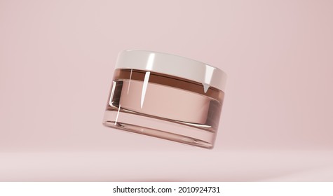 Glass clear cosmetics jar for cream mock up banner. Cosmetic beauty product package, luxury makeup container with white cap, empty bottle design isolated on beige background. Realistic 3d illustration