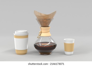 Glass coffeemaker with paper filter and disposable coffee cups. Transparent carafe with brewed espresso and cardboard packaging for takeaway drinks isolated on grey background. Realistic 3d set