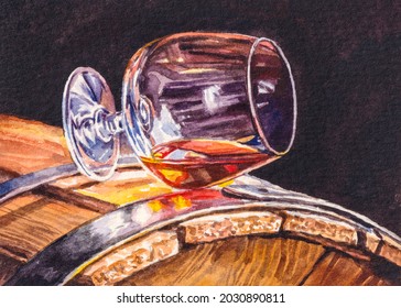 Glass Of Cognac Or Brandy On Wooden Barrel. Alcohol Drink. Dark Background. Watercolor Painting. Acrylic Drawing Art. A Piece Of Art. 