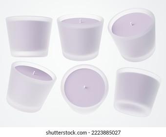 Glass Container Candle Mock-up 3D Render, Lavender Scented Purple Candle Design Ready Template. 3D Illustration