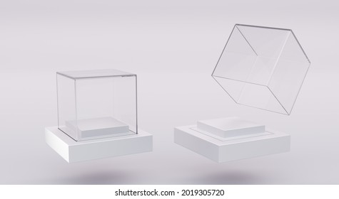 Glass Cube Box On White Stand And Open Clear Square Showcase On Empty Plastic Podium, Angle View. Realistic Mockup Acrylic Or Plexiglass Block For Exhibit, Isolated On Grey Background, 3d Illustration