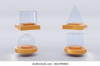 Glass Cube Box, Pyramid, Cylinder, Sphere Or Dome On Golden Stand Isolated On White Background. Mockup Empty Clear Showcases Of Plexiglass Or Acrylic For Display On Plastic Podium. Realistic 3d Set