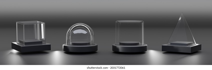 Glass cube box, pyramid, cylinder, sphere or dome on black stand isolated on dark background. Mockup empty clear showcases of plexiglass or acrylic for display on plastic podium. Realistic 3d set