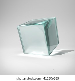 Glass Cube In Bright Glow. 3D Illustration.