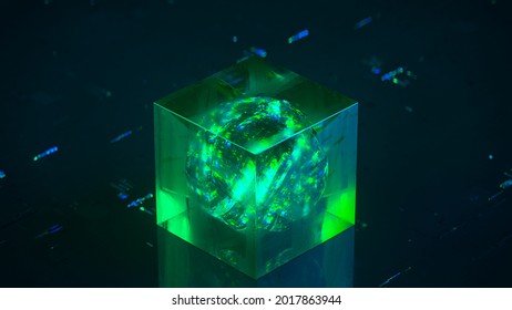 Glass Cube With Glowing Green Floating Sphere. Futuristic Biotech Design. 3D Render Illustration