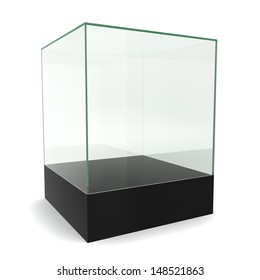 Glass Cube On Pedestal. 3d Illustration On White Background 