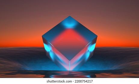 Glass Cube In The Sea Hole At Sunset. 3d Rendering