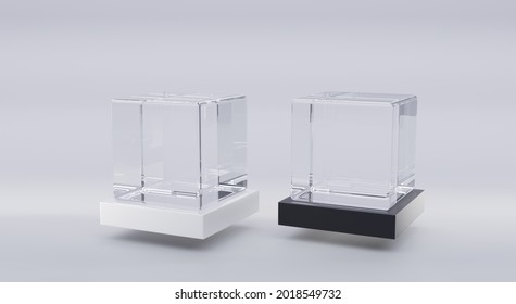 Glass Cubes On White And Black Stand In Perspective Angle View. Clear Square Boxes Of Acrylic, Plexiglass On Plastic Podiums, Mockup Block Or Aquarium Isolated On Grey Background, 3d Illustration