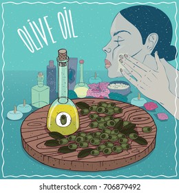 Glass Decanter Of Olive Oil And Fruits Of Olea Europaea Plant. Girl Applying Facial Mask On Face. Natural Vegetable Oil Used For Skin Care. Raster Version Of Illustration