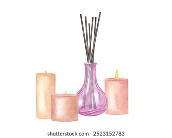 Glass diffuser with reed sticks and burning scented candles. Cozy home elements for aromatherapy, relaxing spa ambience. Calmness, rejuvenation. Watercolor illustration. For spa salon design, poster - Powered by Shutterstock