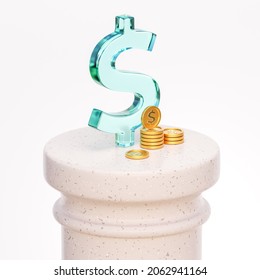 Glass dollar sign with coins on a stone column. Composition for economics and finance. 3d illustration