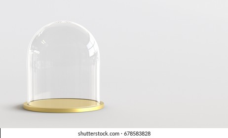 Glass Dome With Golden Tray On White Background. 3D Rendering.
