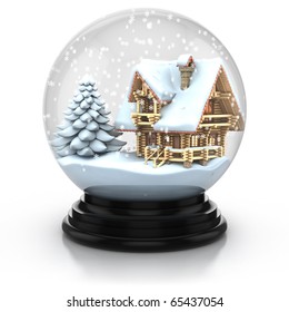 Glass Dome Winter Scene - Wooden House And Tree Cover With Snow 3d Illustration. Can Be Used As A Christmas Or A New Year Gift Or Symbol