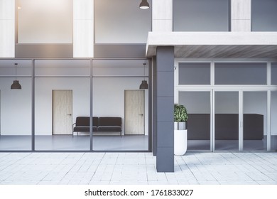 Glass Door Of Futuristic Office Building. Business Corporate And Company Concept. 3d Rendering