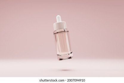 Glass dropper bottle cosmetic oil or serum mock up banner. Realistic vial with pipette for medical drops, clear container collagen essence on isolated beige background, product ad 3d illustration
