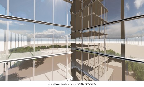 Glass Facade Of Commercial Building Design, 3d Illustration Of Window Partition, Pakistan, 2021