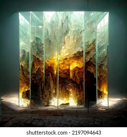 Glass Facade Made Of Stone And Marble. Photo Realistic Rendering, Graphic Art. Cinematic Light, Epic Visual, Dark Background. 