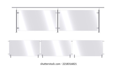 Glass Fence Section Set. Plexiglass Balustrade With Metal Railing And Clear Sheets For Pool, Home Stairways Or House Balcony. Acrylic Banisters Or Fencing Barrier With Steel Pillars. 3D Illustration