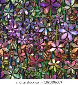 Glass flowers seamless texture, stained glass effect, floral pattern, 3d illustration