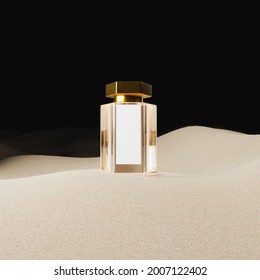 Glass Fragrance Bottle With Golden Cap And White Label On Desert Sand With Dark Background. Design Presentation. Cosmetics Display. 3d Render