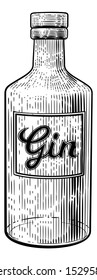 Glass Gin Drink Bottle In A Vintage Retro Woodcut Etching Or Engraved Style