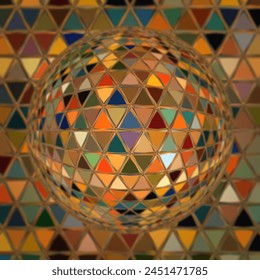 glass globe with reflection and refraction in multicoloured triangle tiled mosaic