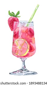 Glass goblet with cocktail and lemon wedges and strawberries print for a cafe bar. Watercolor hand drawing with transparent glass with juice and fruits isolated on white background.