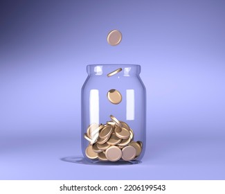 Glass Jar With Coins On Blue Background. Saving Money. 3d Render