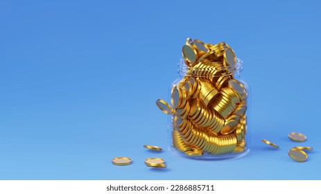 Glass jar full of gold coins on light blue background. Savings money concept, growth, income, investment, Business success. 3D rendering. - Powered by Shutterstock