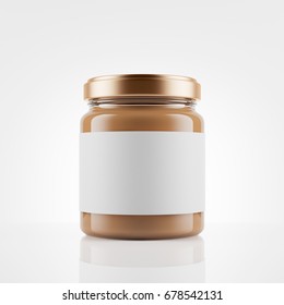 Glass jar of peanut butter  with  blank label
 over white background. Mock up. 3d rendering