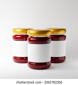 Glass Jars Of Strawberry Jam With Blank Label Isolated Over White Background. Mockup Template. 3d Rendering.