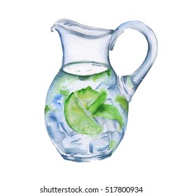 Glass jug with a cocktail. Insulated. Watercolor sketch.
