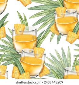 Glass of juice with fruits and green leaves. Seamless pattern of drink with pineapple slices. Cocktail. Watercolor illustration of lemonade. For background design, menu, bar - Powered by Shutterstock