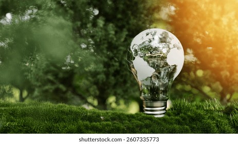 A glass light bulb shaped like Earth standing on lush green grass with a forest background and warm sunlight. Concept of sustainable energy, environmental conservation, and green living.

