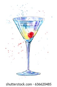 Glass of a Martini with cherry.Picture of a alcoholic drink.Watercolor hand drawn illustration.