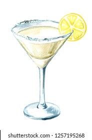 Glass of Martini cocktail with lemon slice. Watercolor hand drawn illustration isolated on white background