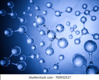 Glass molecules model science concept. Reflective and refractive abstract molecular shape bluish background. 3d rendering illustration