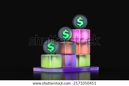 glass morphism dollar chart icon with colorful gradient light on dark background 3d render concept
