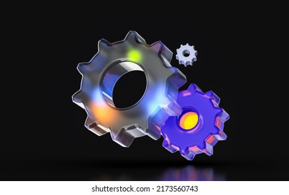 Glass Morphism Gear Setting Icon With Colorful Gradient Light On Dark Background 3d Render Concept