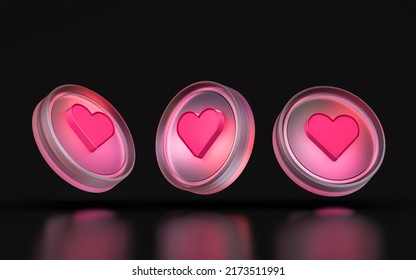 Glass Morphism Heart Icon Three View Angle Colorful Gradient Light On Dark Background 3d Render