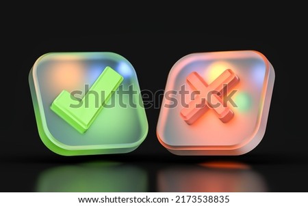 glass morphism right or wrong icon with colorful gradient light on dark background 3d render concept