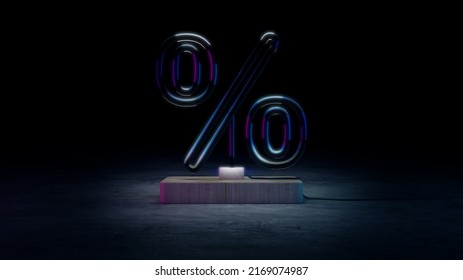 Glass Neon Percent Sign On A Stage. 3D Rendering