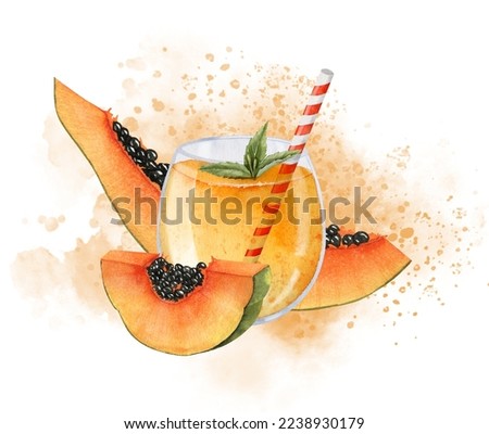 Glass with Papaya juice with slices of exotic tropical Fruit and abstract watercolor orange splashes. Hand drawn illustration of jungle plant and fresh cocktail on isolated background. Juicy beverage.