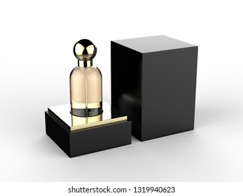 Glass Perfume Bottle Mockup With Open And Closed Black Package Box On White Background, 3d Illustration.