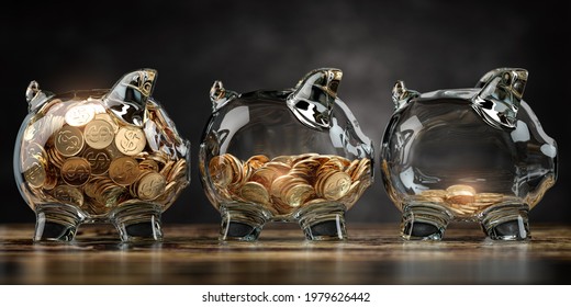 Glass Piggy Bank With Decreasing Piles Of Coins. Saving Inflation, Financial Crisis And Loosing Money Concept. 3d Illustration