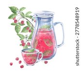 A glass pitcher and cup of raspberry tea against a raspberry branch. Isolated watercolor illustration for herbal tea packaging branding, restaurant menus, kitchenware design, and postcards