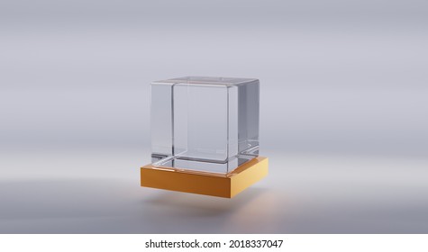 Glass Or Plastic Cube On Geometric Gold Stand In Perspective Angle View. Clear Square Box Of Acrylic Or Plexiglass, Crystal Block Or Aquarium On Podium Isolated On Grey Background, 3d Illustration