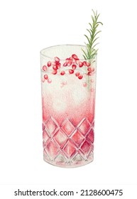 Glass Of Pomegranate Cocktail With Rosemary Isolated On White. Hand Drawn Colored Pencil Realistic Food Illustration.