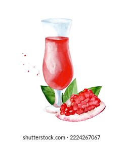 Glass Of Pomegranate Juice On An Isolated White Background, A Set Of Watercolor Illustrations, A Collection Of Fruits, A Grenadine Cocktail