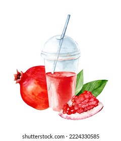 Glass Of Pomegranate Juice On An Isolated White Background, A Set Of Watercolor Illustrations, A Collection Of Fruits, A Grenadine Cocktail